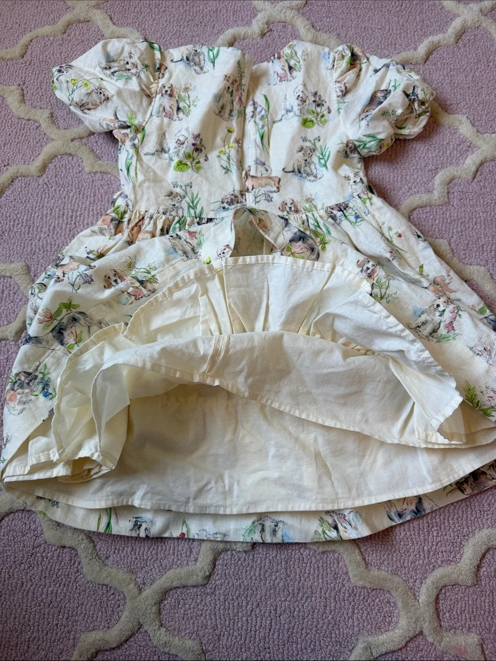 Boden Cream Dress with Puppy & Floral Print